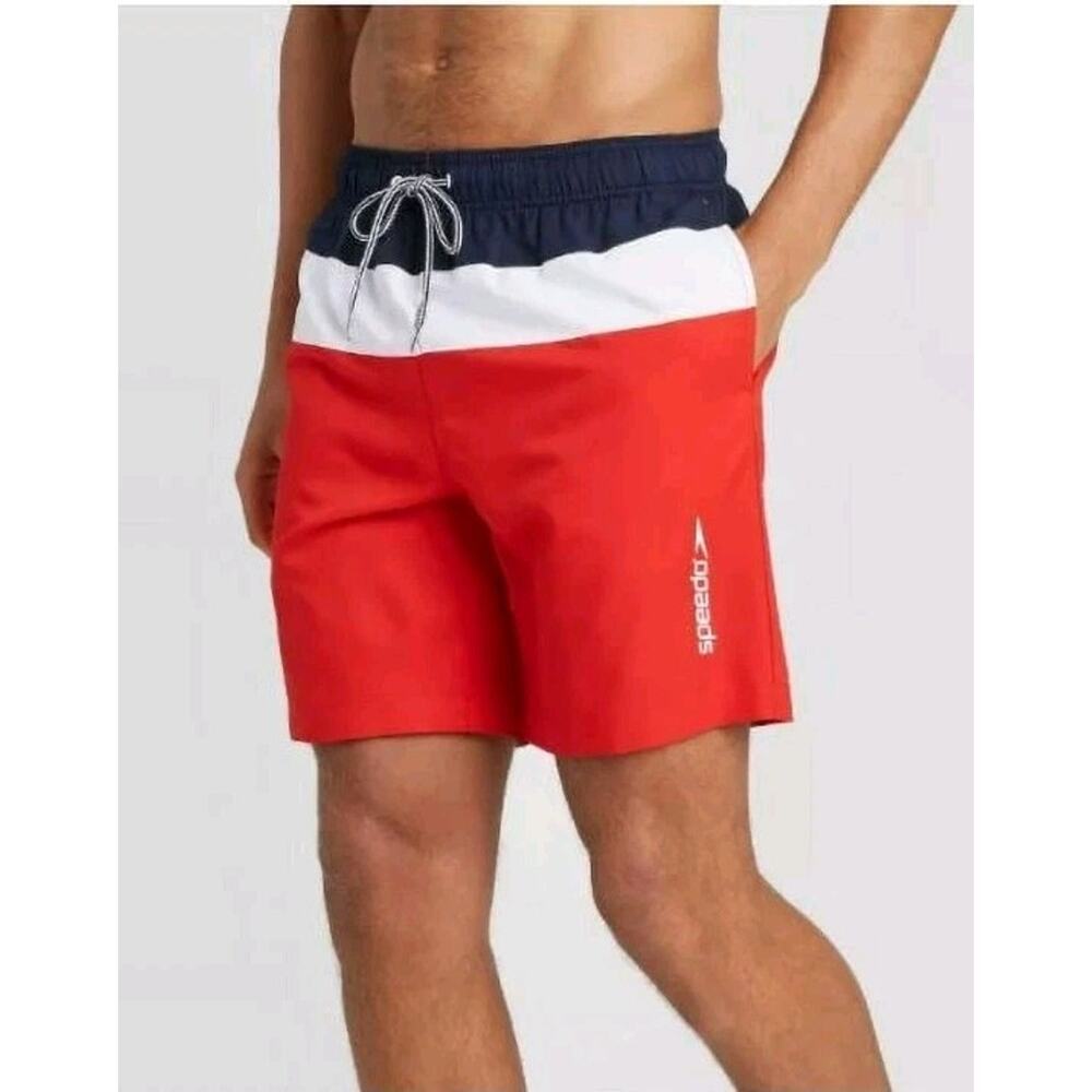 Speedo Mens S Red White Navy Blue Elastic Waist Drawstring Swim Trunks Shorts